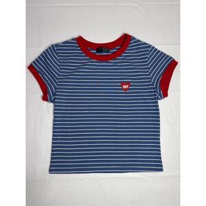 White Fox Blue White Striped Ringer Tee Red Trim Heart Logo Women’s Size M